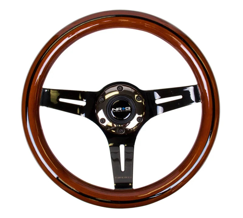 NRG Classic Wood Grain Steering Wheel (310mm) Dark Wood & Black Line Inlay w/Blk Chrome 3-Spoke Ctr. - Main Product View