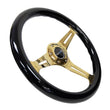 Load image into Gallery viewer, NRG Classic Wood Grain Steering Wheel (350mm) Black Grip w/Chrome Gold 3-Spoke Center - Main Product View