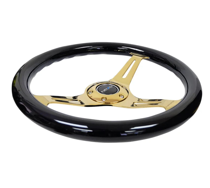 NRG Classic Wood Grain Steering Wheel (350mm) Black Grip w/Chrome Gold 3-Spoke Center - Side View