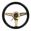 Load image into Gallery viewer, NRG Classic Wood Grain Steering Wheel (350mm) Black Grip w/Chrome Gold 3-Spoke Center - Back View