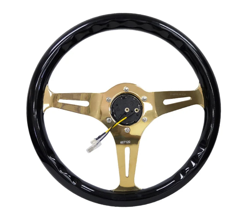 NRG Classic Wood Grain Steering Wheel (350mm) Black Grip w/Chrome Gold 3-Spoke Center - Back View