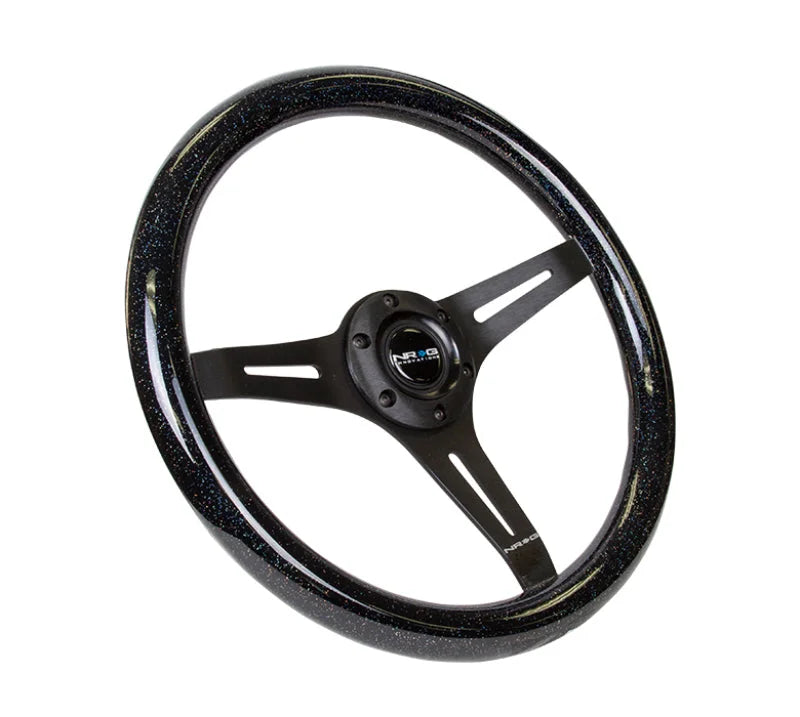 NRG Classic Wood Grain Steering Wheel (350mm) Black Sparkled Grip w/Black 3-Spoke Center - Side View
