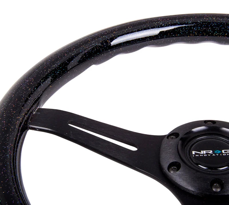 NRG Classic Wood Grain Steering Wheel (350mm) Black Sparkled Grip w/Black 3-Spoke Center - Detail View