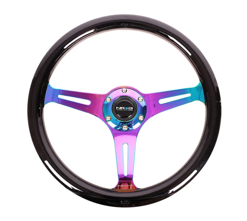 NRG Classic Wood Grain Steering Wheel (350mm) Black Paint Grip w/Neochrome 3-Spoke Center - Side View