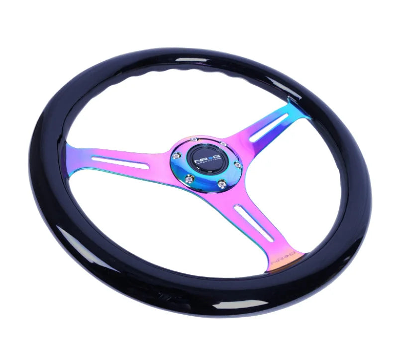 NRG Classic Wood Grain Steering Wheel (350mm) Black Paint Grip w/Neochrome 3-Spoke Center - Detail View