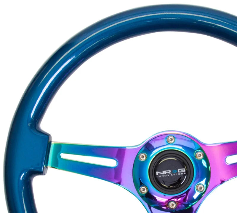 NRG Classic Wood Grain Steering Wheel (350mm) Blue Pearl/Flake Paint w/Neochrome 3-Spoke Center - Side View
