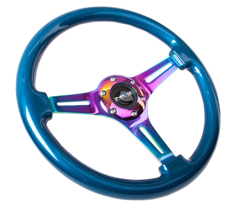 NRG Classic Wood Grain Steering Wheel (350mm) Blue Pearl/Flake Paint w/Neochrome 3-Spoke Center - Detail View