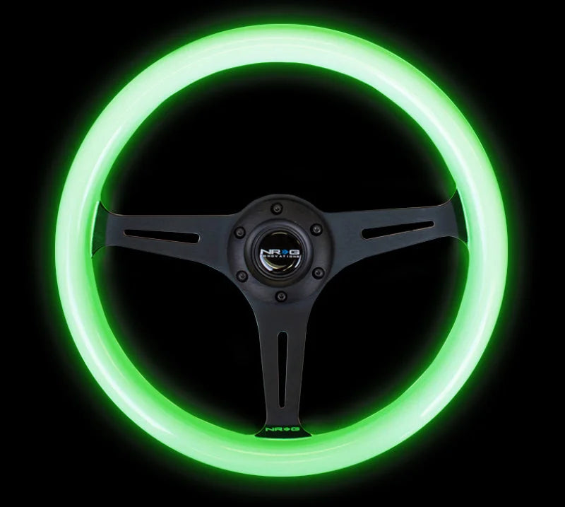 NRG Classic Wood Grain Steering Wheel (350mm) Glow-N-The-Dark Green Grip w/Black 3-Spoke Center - Main Product View