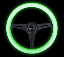 Load image into Gallery viewer, NRG Classic Wood Grain Steering Wheel (350mm) Glow-N-The-Dark Green Grip w/Black 3-Spoke Center - Main Product View