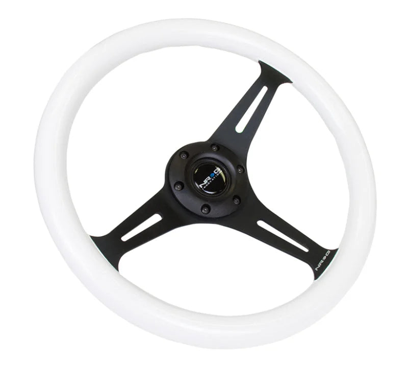 NRG Classic Wood Grain Steering Wheel (350mm) Glow-N-The-Dark Green Grip w/Black 3-Spoke Center - Side View