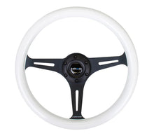 Load image into Gallery viewer, NRG Classic Wood Grain Steering Wheel (350mm) Glow-N-The-Dark Green Grip w/Black 3-Spoke Center - Installation View