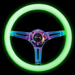 Load image into Gallery viewer, NRG Classic Wood Grain Steering Wheel (350mm) Glow-N-The-Dark Green Grip w/Neochrome 3-Spoke Center - Side View