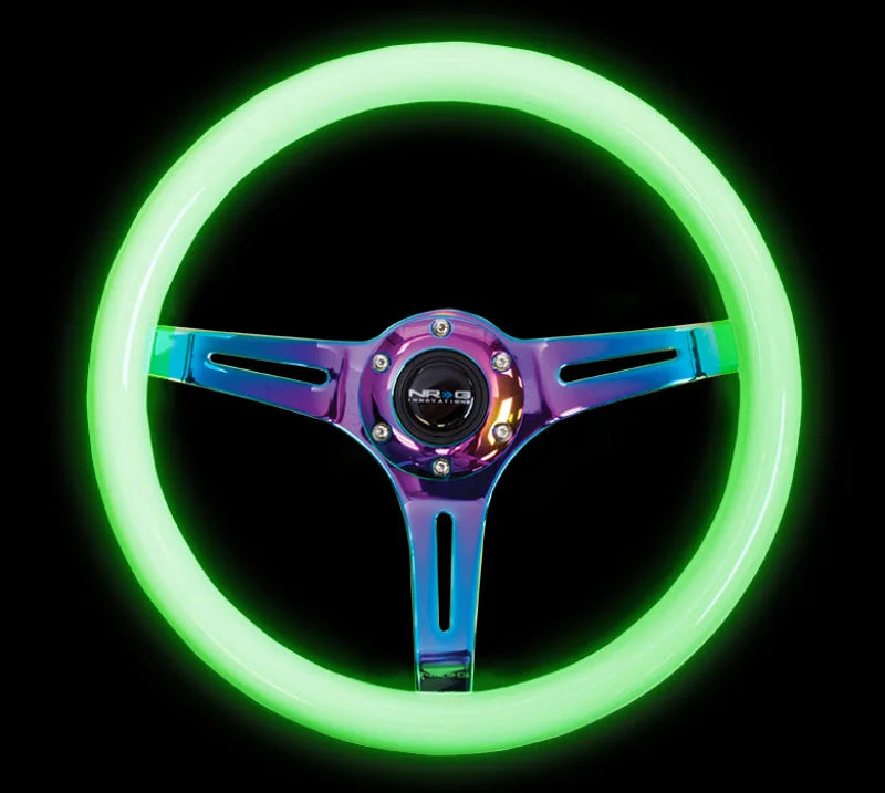 NRG Classic Wood Grain Steering Wheel (350mm) Glow-N-The-Dark Green Grip w/Neochrome 3-Spoke Center - Side View