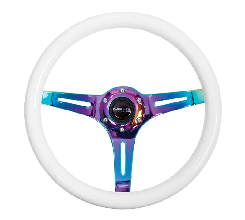 NRG Classic Wood Grain Steering Wheel (350mm) Glow-N-The-Dark Green Grip w/Neochrome 3-Spoke Center - Back View