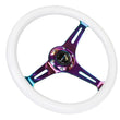 Load image into Gallery viewer, NRG Classic Wood Grain Steering Wheel (350mm) Glow-N-The-Dark Green Grip w/Neochrome 3-Spoke Center - Installation View