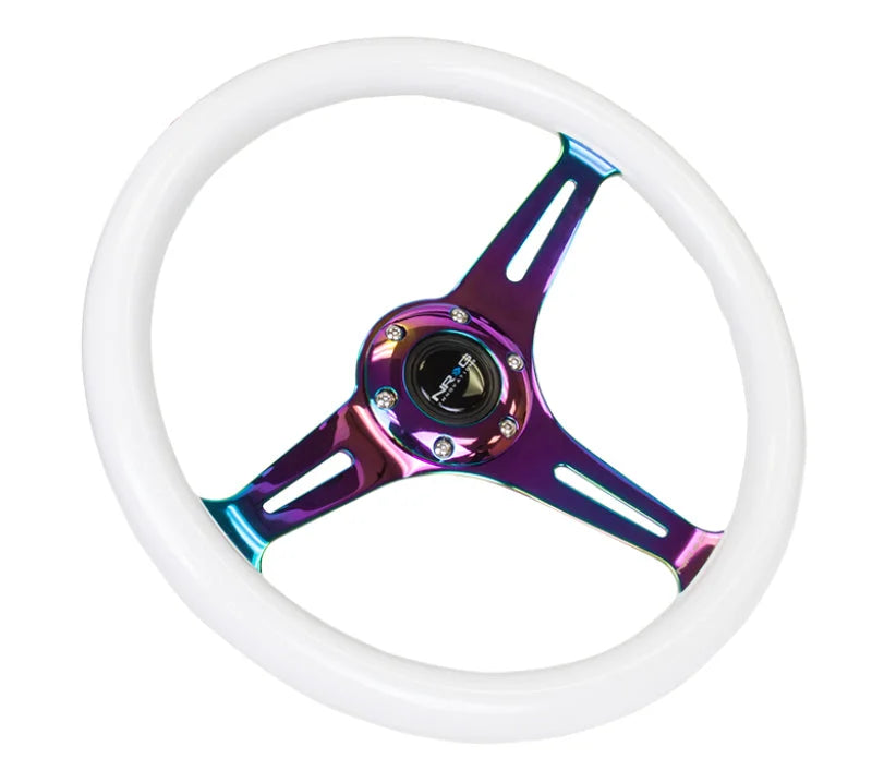 NRG Classic Wood Grain Steering Wheel (350mm) Glow-N-The-Dark Green Grip w/Neochrome 3-Spoke Center - Installation View