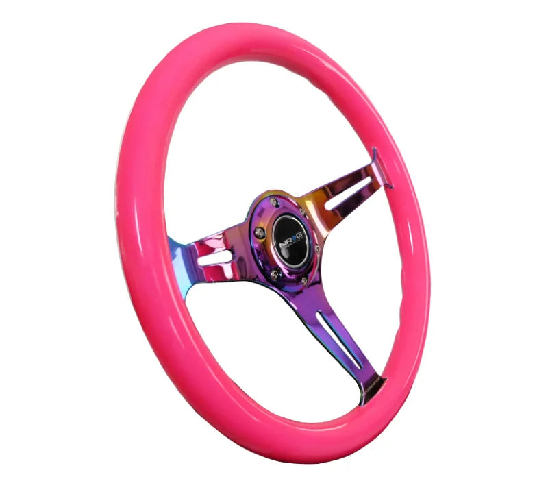 NRG Classic Wood Grain Steering Wheel (350mm) Neon Pink Painted Grip w/Neochrome 3-Spoke Center - Side View