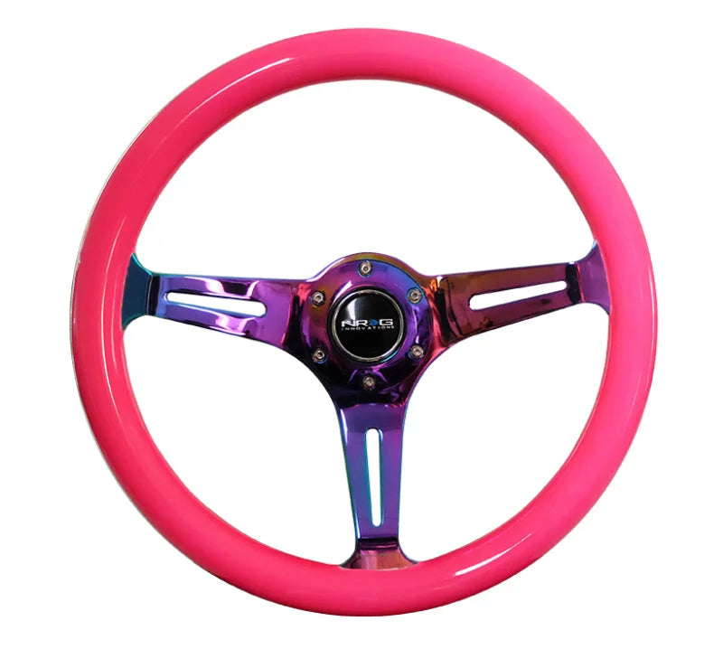 NRG Classic Wood Grain Steering Wheel (350mm) Neon Pink Painted Grip w/Neochrome 3-Spoke Center - Back View