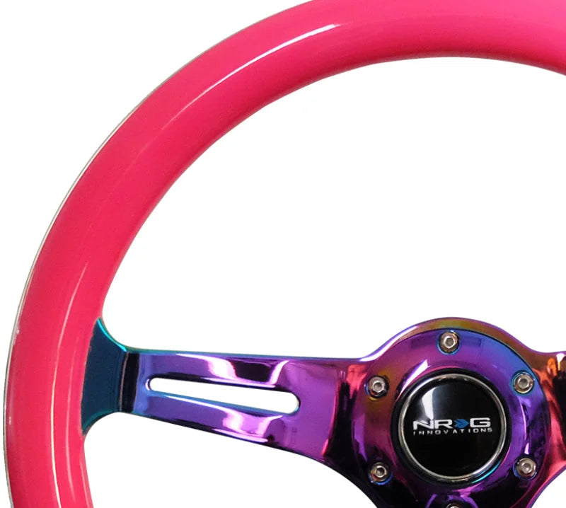 NRG Classic Wood Grain Steering Wheel (350mm) Neon Pink Painted Grip w/Neochrome 3-Spoke Center - Installation View