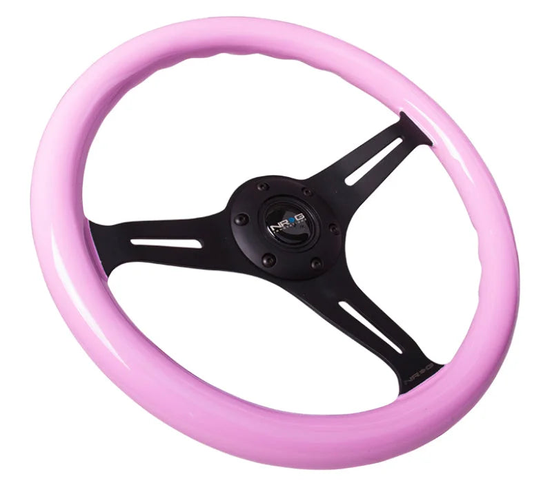 NRG Classic Wood Grain Steering Wheel (350mm) Solid Pink Painted Grip w/Black 3-Spoke Center - Main Product View