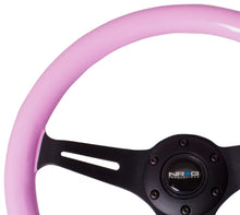 Load image into Gallery viewer, NRG Classic Wood Grain Steering Wheel (350mm) Solid Pink Painted Grip w/Black 3-Spoke Center - Side View