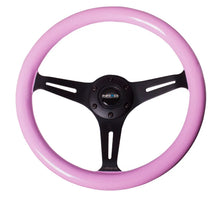 Load image into Gallery viewer, NRG Classic Wood Grain Steering Wheel (350mm) Solid Pink Painted Grip w/Black 3-Spoke Center - Detail View