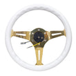 Load image into Gallery viewer, NRG Classic Wood Grain Steering Wheel (350mm) White Grip w/Chrome Gold 3-Spoke Center - Side View
