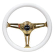 Load image into Gallery viewer, NRG Classic Wood Grain Steering Wheel (350mm) White Grip w/Chrome Gold 3-Spoke Center - Back View