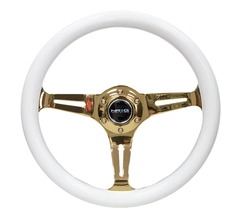 NRG Classic Wood Grain Steering Wheel (350mm) White Grip w/Chrome Gold 3-Spoke Center - Back View