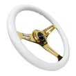 Load image into Gallery viewer, NRG Classic Wood Grain Steering Wheel (350mm) White Grip w/Chrome Gold 3-Spoke Center - Installation View