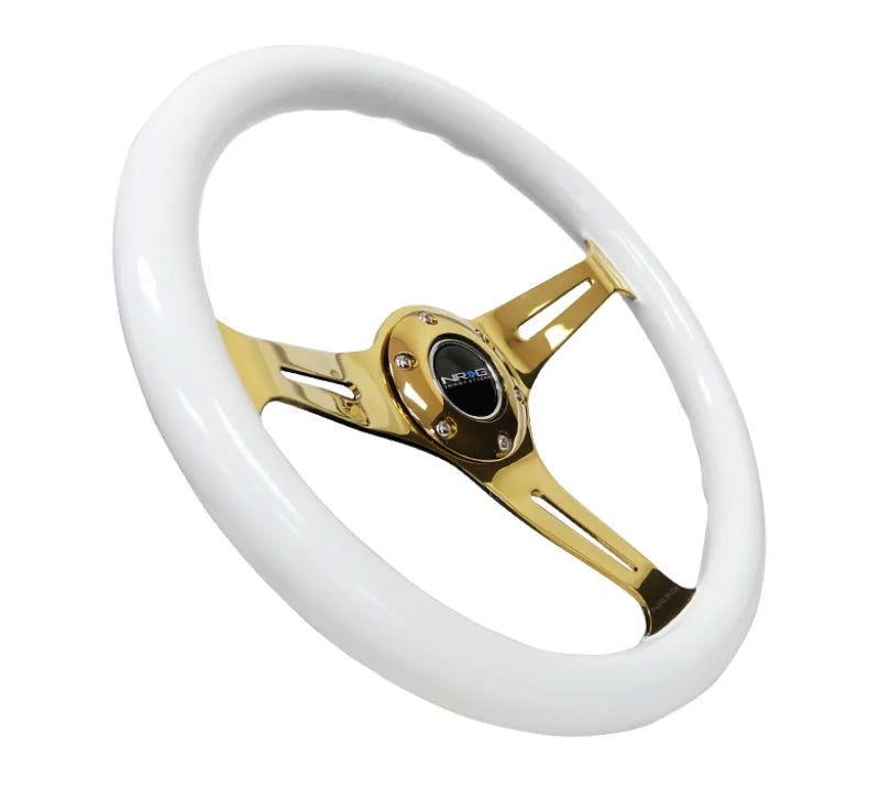 NRG Classic Wood Grain Steering Wheel (350mm) White Grip w/Chrome Gold 3-Spoke Center - Installation View