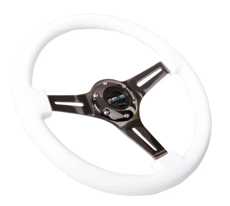 NRG Classic Wood Grain Steering Wheel (350mm) White Paint Grip w/Black 3-Spoke Center - Side View