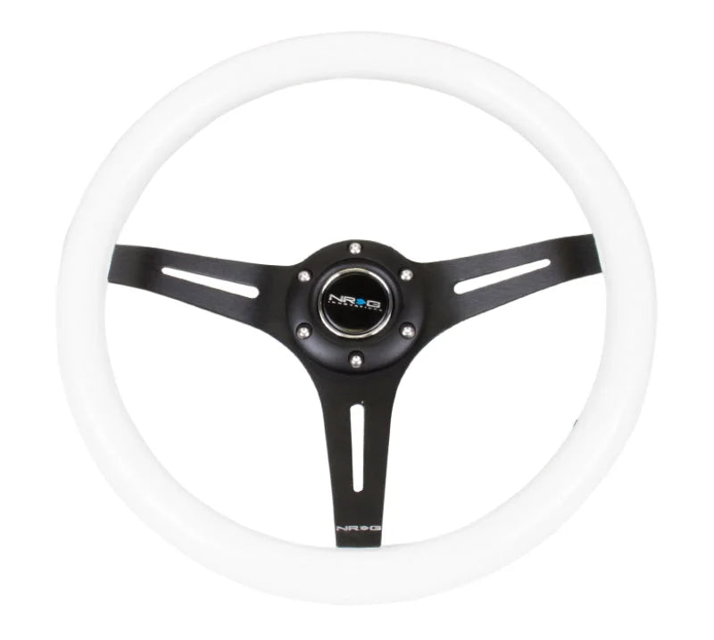 NRG Classic Wood Grain Steering Wheel (350mm) White Paint Grip w/Black 3-Spoke Center - Detail View