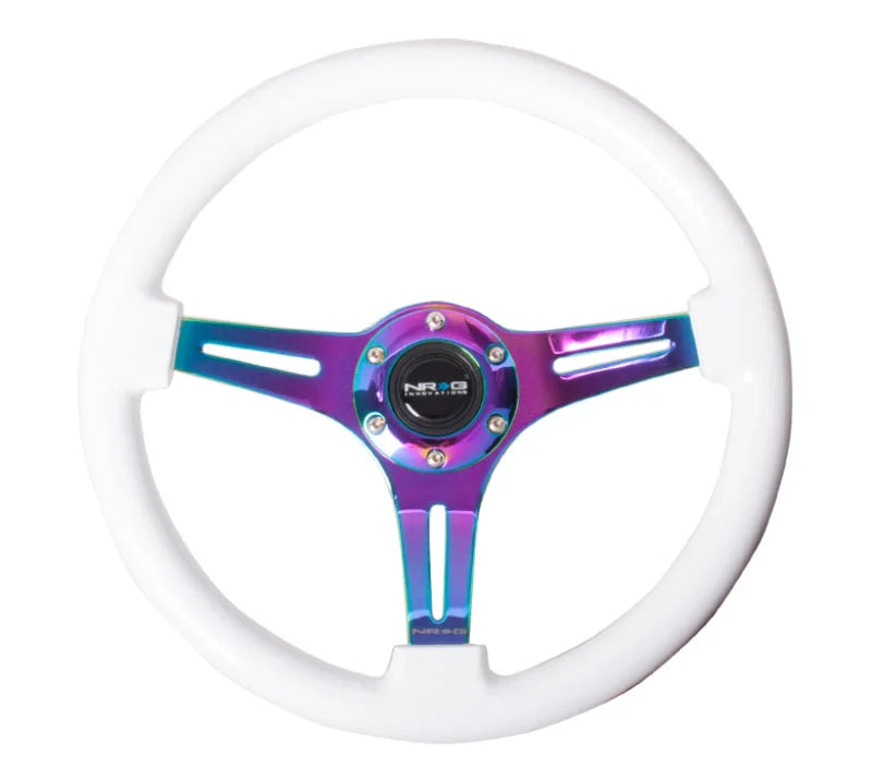 NRG Classic Wood Grain Steering Wheel (350mm) White Paint Grip w/Neochrome 3-Spoke Center - Main Product View