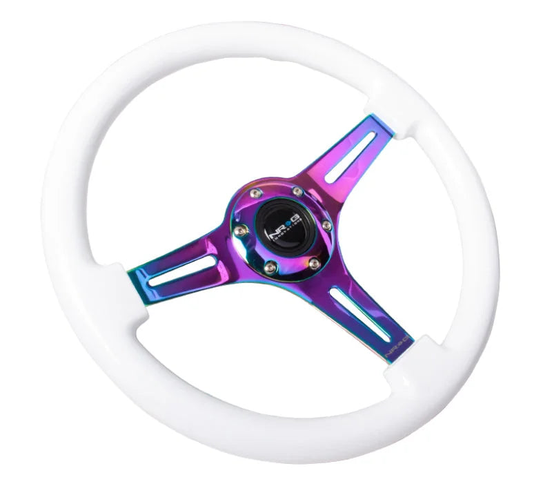 NRG Classic Wood Grain Steering Wheel (350mm) White Paint Grip w/Neochrome 3-Spoke Center - Detail View
