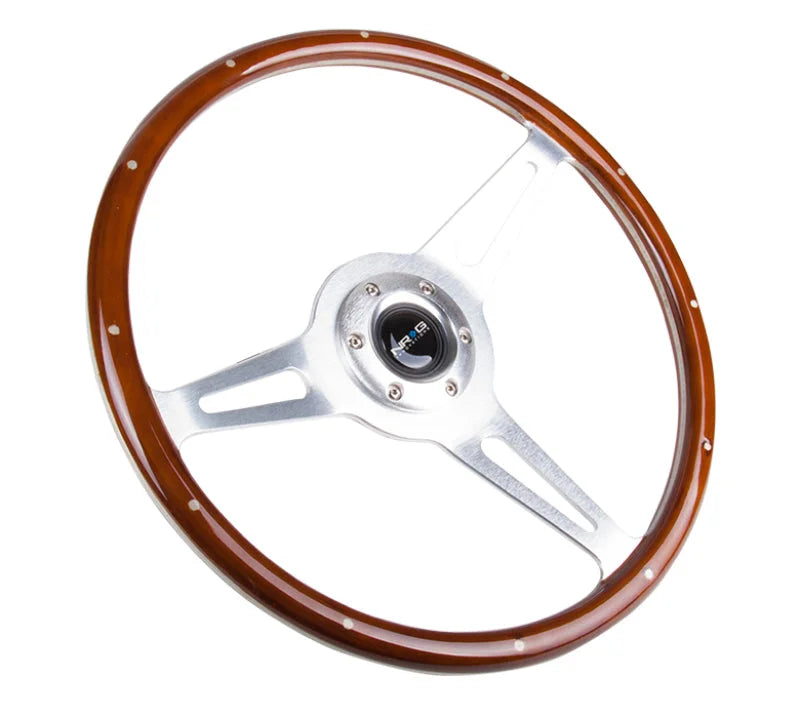 NRG Classic Wood Grain Steering Wheel (365mm) Wood w/Metal Inserts & Brushed Alum. 3-Spoke Center - Side View