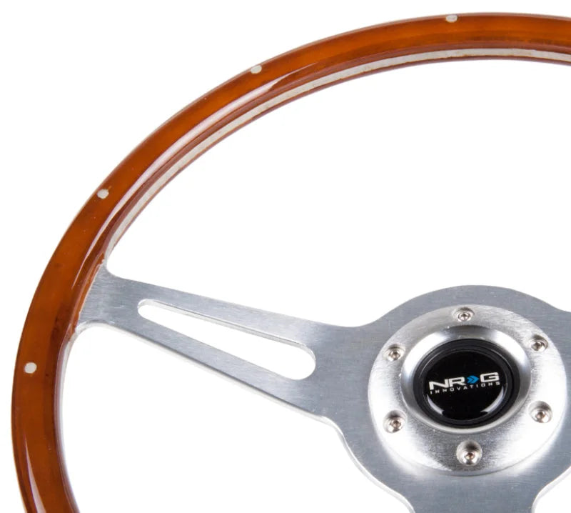 NRG Classic Wood Grain Steering Wheel (365mm) Wood w/Metal Inserts & Brushed Alum. 3-Spoke Center - Detail View