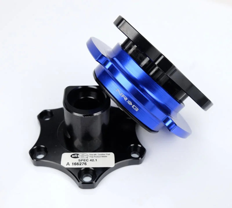 NRG Race Short Hub Datsun - Black Body Blue Ring - Side View