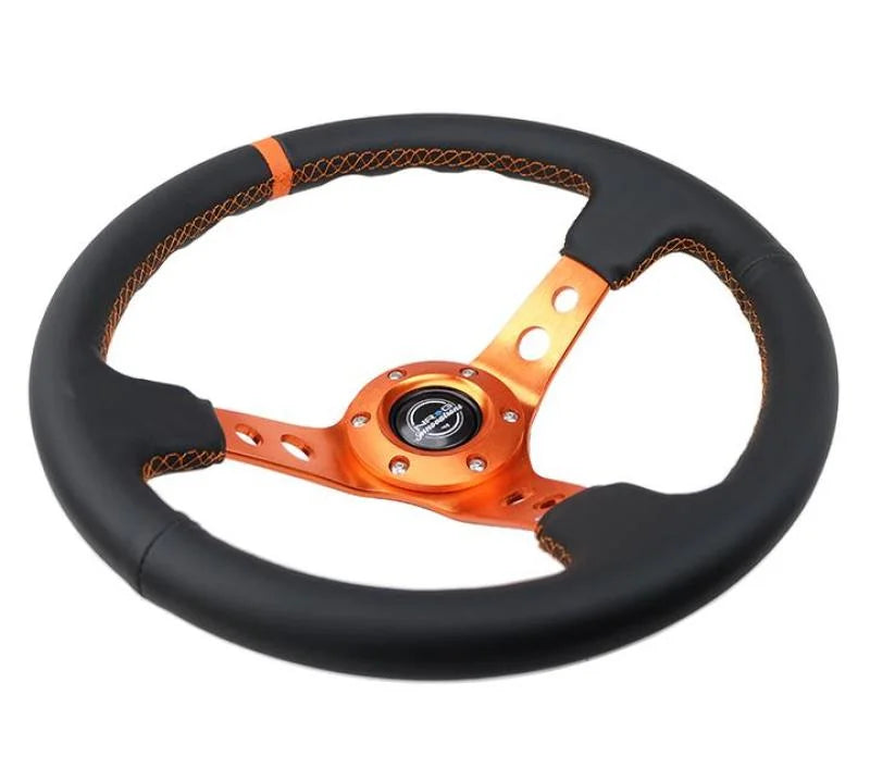 NRG Reinforce Steering Wheel (350mm / 3in. Deep) Blk Leather, Orange Center Mark w/ Orange Stitching - Side View