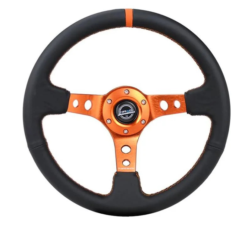 NRG Reinforce Steering Wheel (350mm / 3in. Deep) Blk Leather, Orange Center Mark w/ Orange Stitching - Detail View