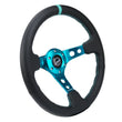 Load image into Gallery viewer, NRG Reinforce Steering Wheel (350mm / 3in. Deep) Blk Leather, Teal Center Mark w/ Teal Stitching - Main Product View