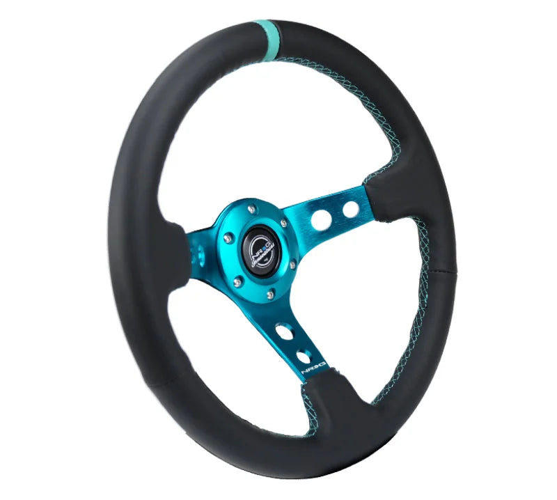 NRG Reinforce Steering Wheel (350mm / 3in. Deep) Blk Leather, Teal Center Mark w/ Teal Stitching - Main Product View