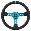 Load image into Gallery viewer, NRG Reinforce Steering Wheel (350mm / 3in. Deep) Blk Leather, Teal Center Mark w/ Teal Stitching - Side View