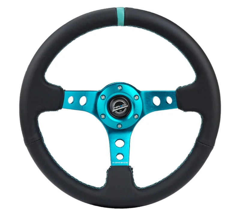 NRG Reinforce Steering Wheel (350mm / 3in. Deep) Blk Leather, Teal Center Mark w/ Teal Stitching - Side View