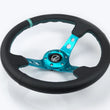 Load image into Gallery viewer, NRG Reinforce Steering Wheel (350mm / 3in. Deep) Blk Leather, Teal Center Mark w/ Teal Stitching - Detail View