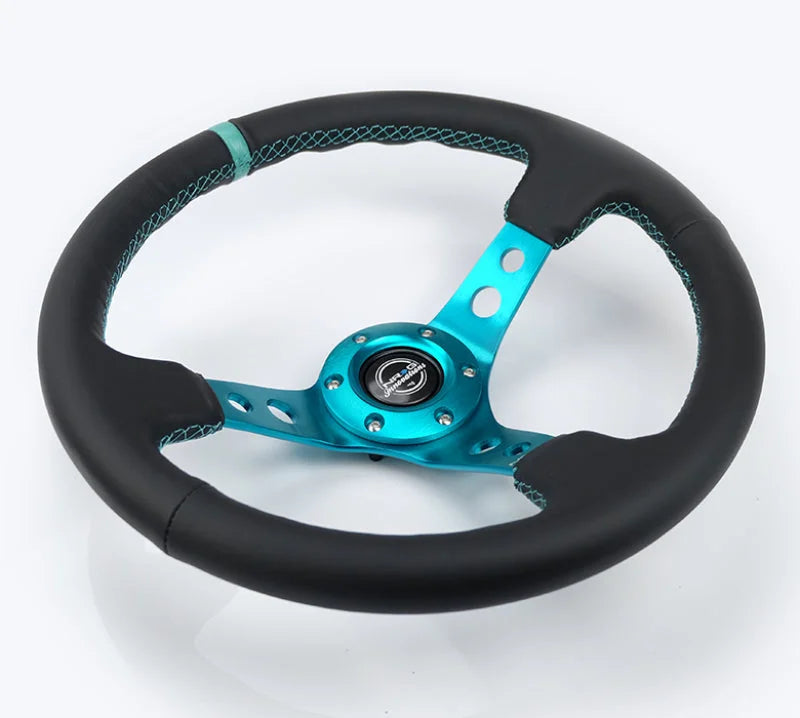 NRG Reinforce Steering Wheel (350mm / 3in. Deep) Blk Leather, Teal Center Mark w/ Teal Stitching - Detail View