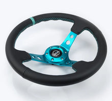 Load image into Gallery viewer, NRG Reinforce Steering Wheel (350mm / 3in. Deep) Blk Leather, Teal Center Mark w/ Teal Stitching - Detail View