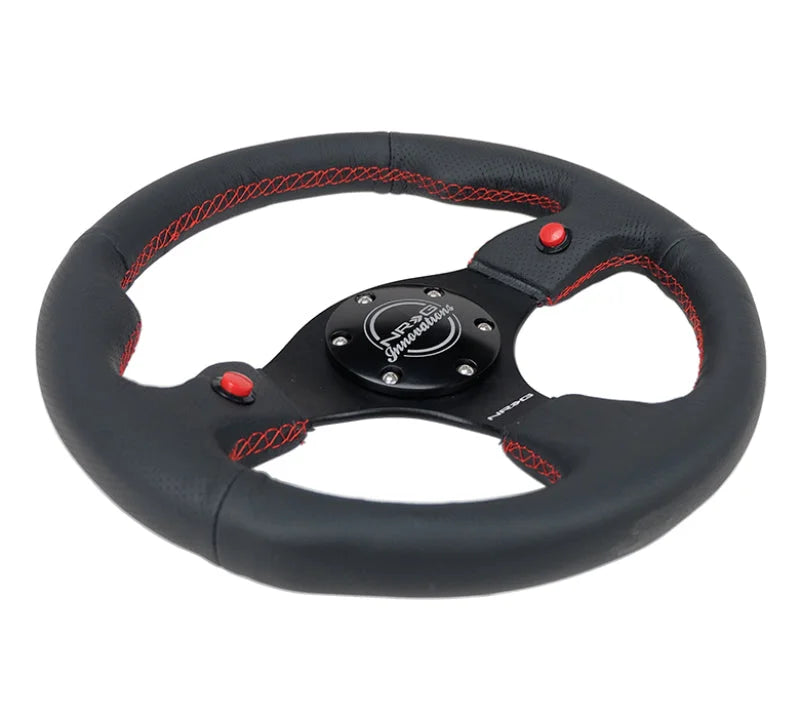 NRG Reinforced Steering Wheel (320mm) Blk Leather w/Dual Buttons - Main Product View