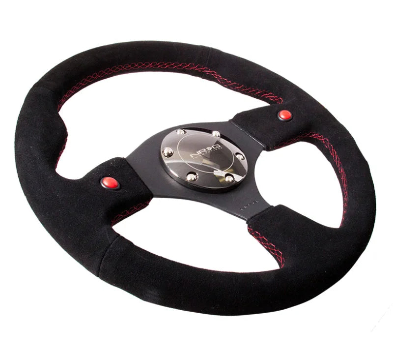 NRG Reinforced Steering Wheel (320mm) Blk Suede w/Dual Buttons - Detail View