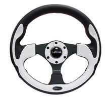 Load image into Gallery viewer, NRG Reinforced Steering Wheel (320mm) Blk w/White Trim &amp; 4mm 3-Spoke - Side View